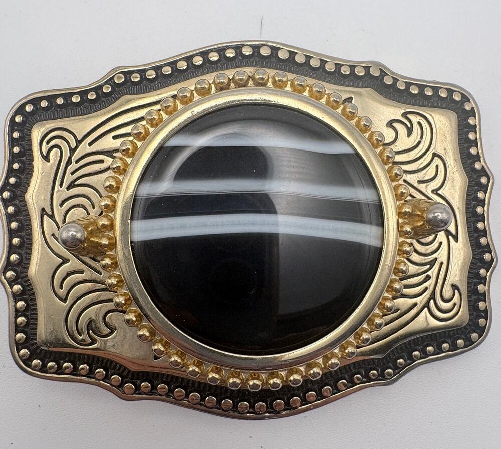 Western Style Gold-tone Belt Buckle with Center Black Cabochon Stone
